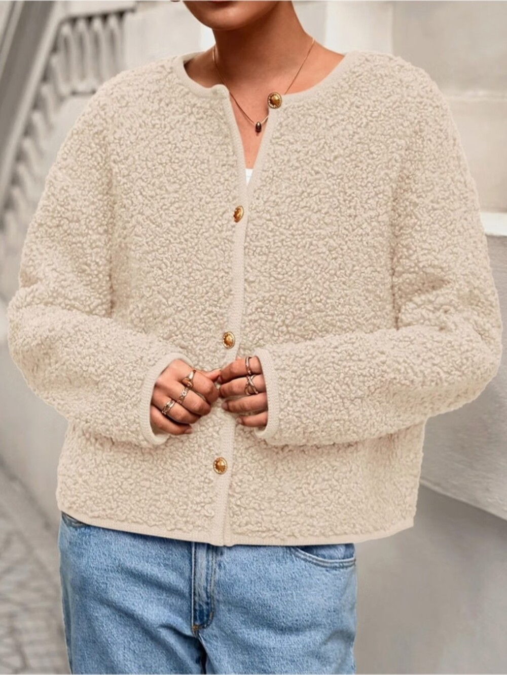 PrettyGarden Women's Fuzzy Knit Crewneck Cardigan with Gold Buttons Teddy Fleece